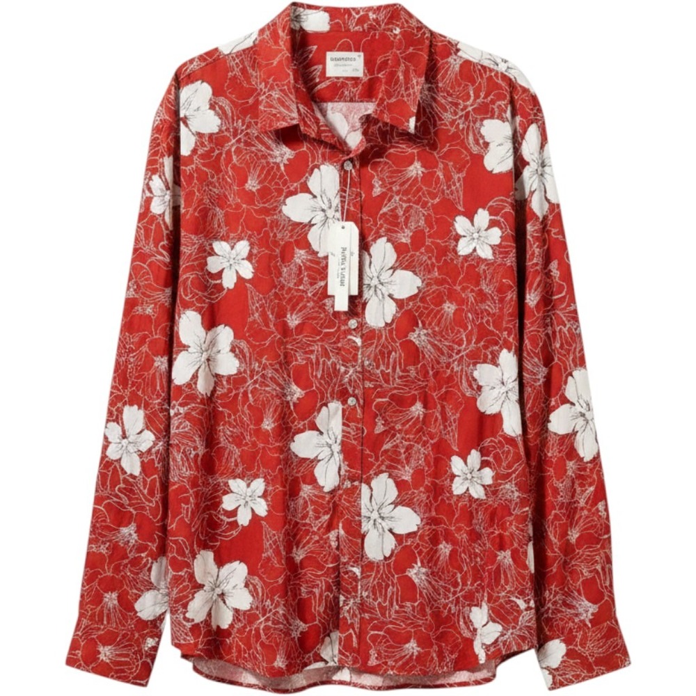 Tunevuse Mens Red Floral Hibiscus Long Sleeve Button Down Shirt‎ 3XL New Hawiian